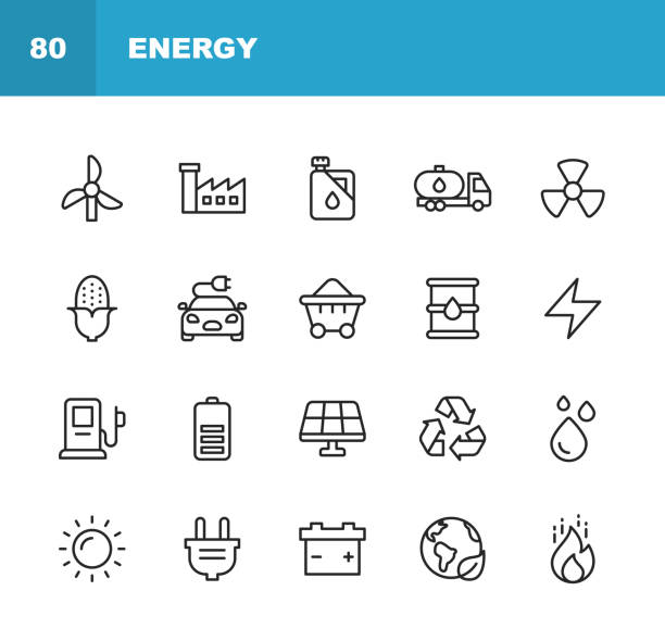 에너지 및 전원 아이콘. 편집 가능한 스트로크입니다. 픽셀 완벽한. 모바일 및 웹용. 에너지, 전력, 재생 에너지, 전기, 전기 자동차, 석탄, 가스, 원자력, 배터리, 공장, 태양, 태양 에너지, 화재와 - gas stock illustrations