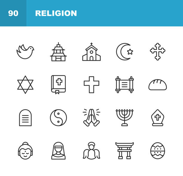 religion ikonen. bearbeitbarer strich. pixel perfekt. für mobile und web. enthält solche ikonen wie religion, gott, glaube, beten, christen, katholiken, kirche, islam, judentum, muslim, hinduismus, meditation, bibel. - religious icon stock-grafiken, -clipart, -cartoons und -symbole