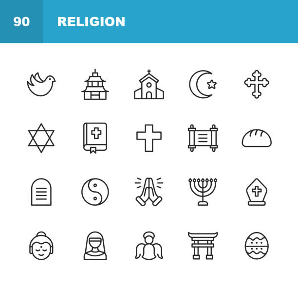 bildbanksillustrationer, clip art samt tecknat material och ikoner med religion ikoner. redigerbar stroke. pixel perfekt. för mobil och webb. innehåller sådana ikoner som religion, gud, tro, be, kristen, katolik, kyrka, islam, judendom, muslim, hinduism, meditation, bibel. - religion