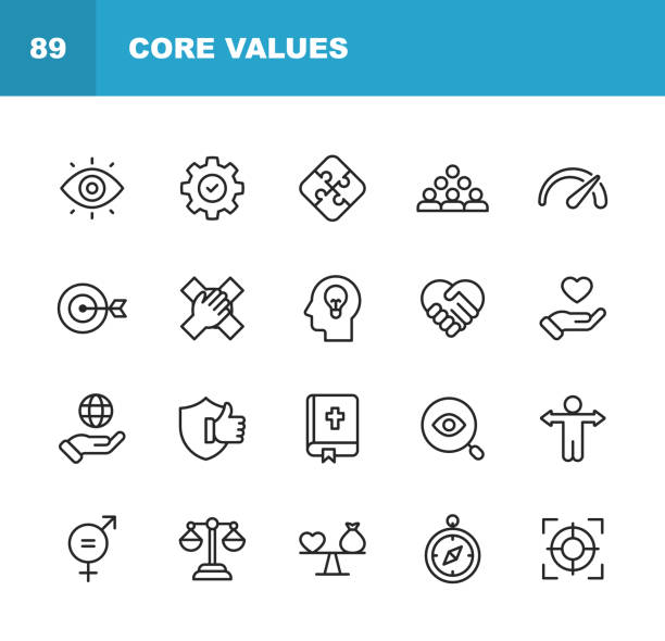 ilustrações de stock, clip art, desenhos animados e ícones de core values icons. editable stroke. pixel perfect. for mobile and web. contains such icons as responsibility, vision, business ethics, law, morality, social issues, teamwork, growth, trust, quality. - trust