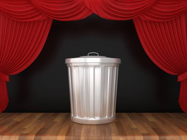 istock Garbage Can with Red Stage Curtains on Wood Floor - 3D Rendering 1190175307