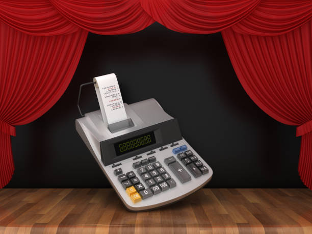 istock Adding Machine Tape with Red Stage Curtains on Wood Floor - 3D Rendering 1190175449