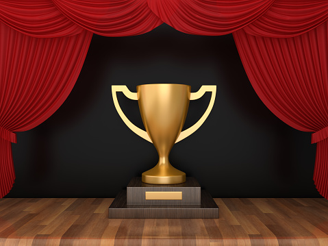 Trophy with Red Stage Curtains on Wood Floor - 3D Rendering