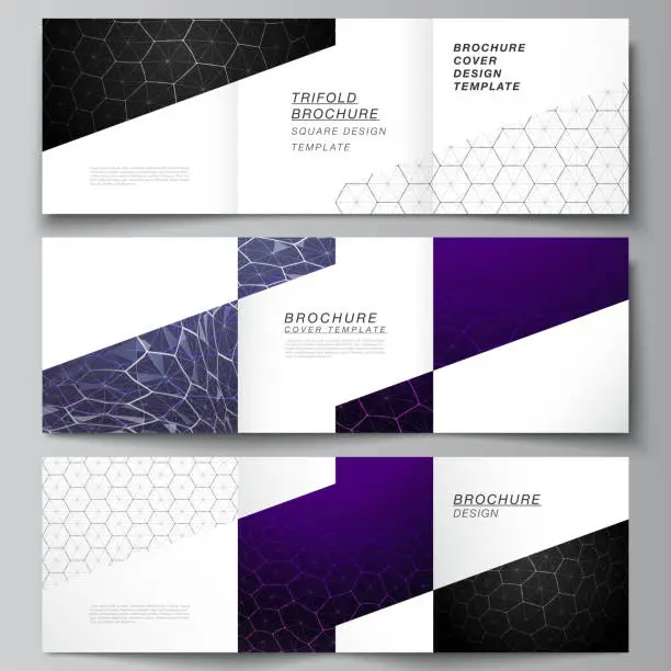 Vector illustration of Vector layout of square format covers design templates for trifold brochure. Digital technology and big data concept with hexagons, connecting dots and lines, polygonal science medical background.
