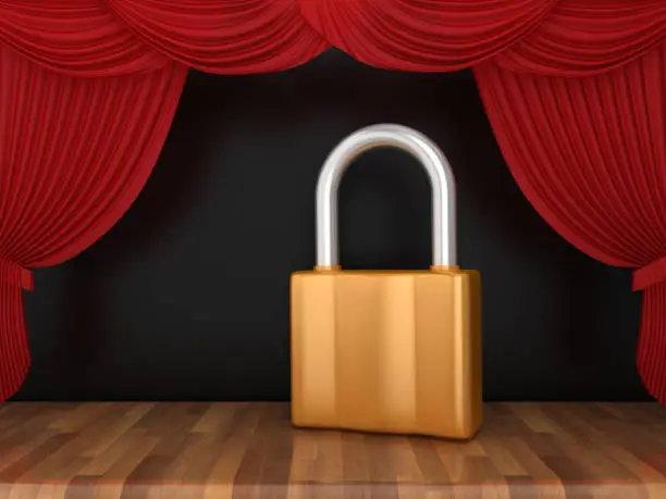 Photo of Padlock with Red Stage Curtains on Wood Floor - 3D Rendering