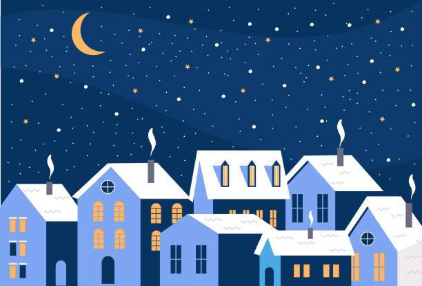 ilustrações de stock, clip art, desenhos animados e ícones de urban winter landscape. snowy street. - christmas house
