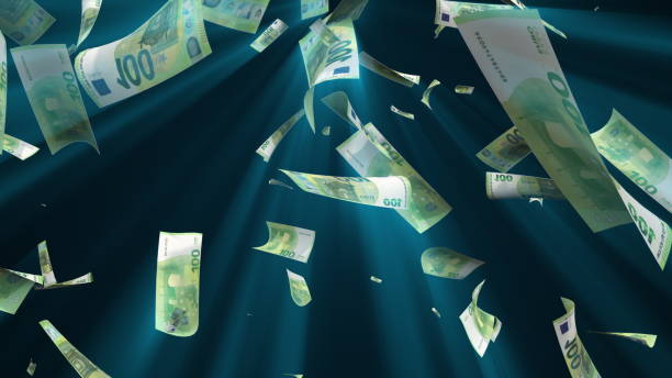 Many euros fall from above, 3d rendering. Computer generated backdrop with effect of money rain. Business success