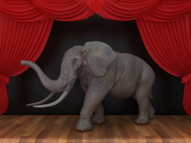 istock Elephant with Red Stage Curtains on Wood Floor - 3D Rendering 1190176983