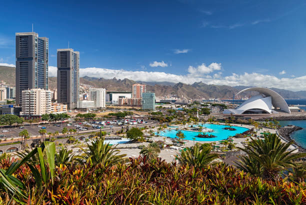 Panorama of Santa Cruz de Tenerife resorts and pools, Tenerife, Canary islands, Spain. stock photo