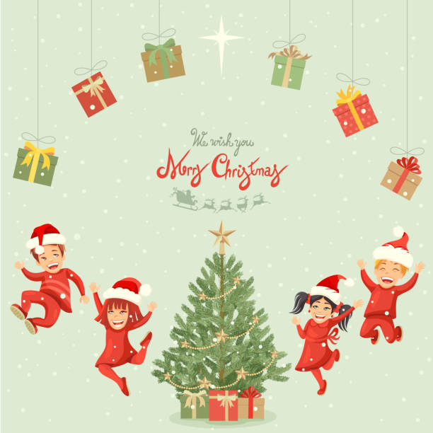 bildbanksillustrationer, clip art samt tecknat material och ikoner med julgran och barn cartoon - children tree christmas silhouette