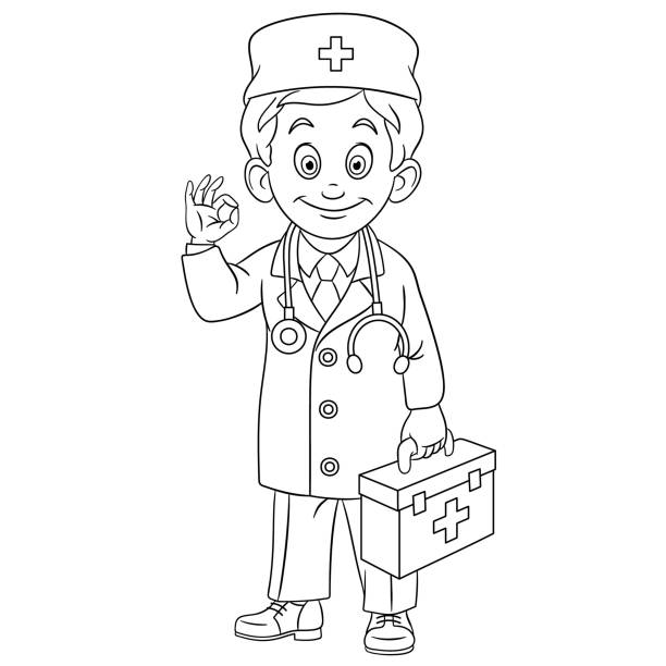 ilustraciones, imágenes clip art, dibujos animados e iconos de stock de página para colorear de dibujos animados joven médico - assistance ok sign ok help