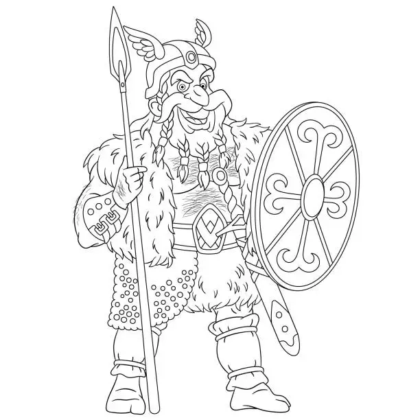 Vector illustration of Coloring page of cartoon ancient Viking warrior