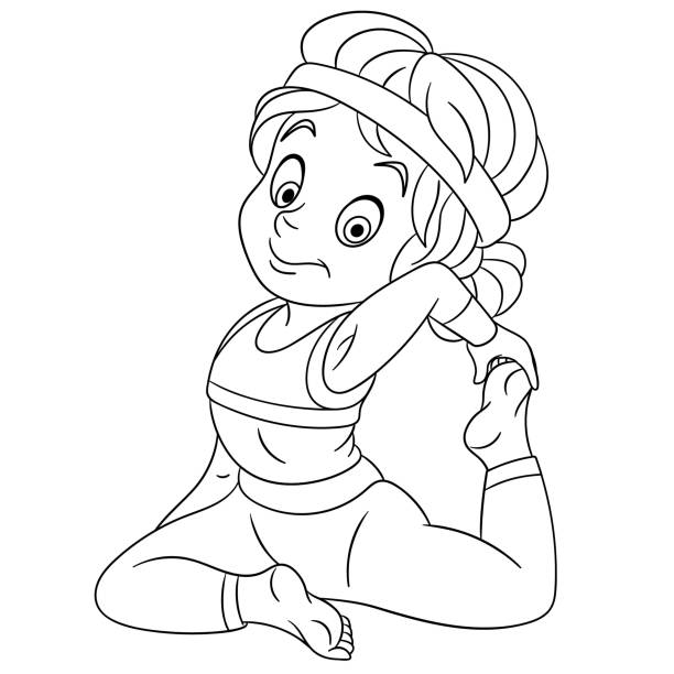 ilustraciones, imágenes clip art, dibujos animados e iconos de stock de página para colorear de una chica de dibujos animados practicando yoga - niña y niño libro para colorear