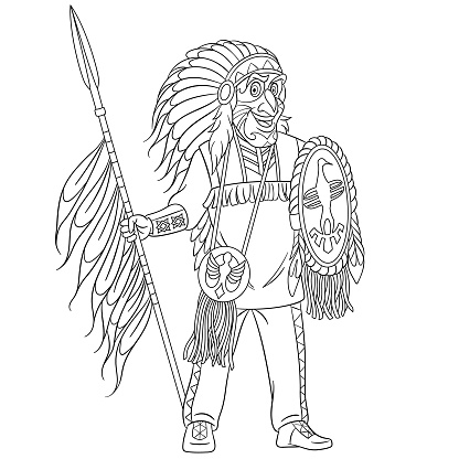 Coloring page of cartoon Native American Indian warrior with a spear. Coloring book design for kids.