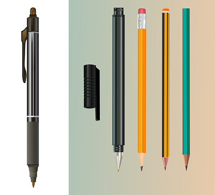 Ballpoint pens and simple pencils. Vector. A set of office tools. Graphite wooden pencils in different colors. Pencil with an eraser. Pencils for notes, marks and drawing. Isolated objects.