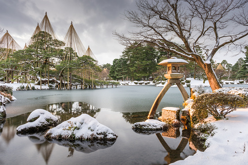 Kanazawa, Ishikawa, Japan winter at Kenrokuen Gardens. The garden is listed as one of the Three Great Gardens of Japan.