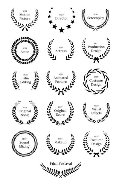 ilustrações, clipart, desenhos animados e ícones de grinaldas de louro preto com elementos de design film awards. insígnias premium, símbolo de vitória tradicional em fundo branco. triunfo, cartaz de vitória, layout de banner com fitas de premiação. quadro, modelo de fronteira. - nomination