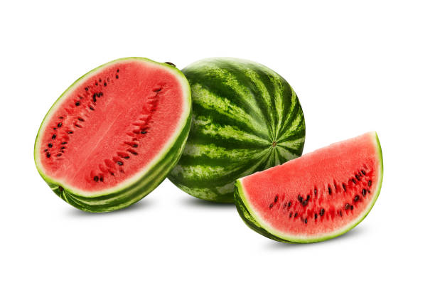 istock Green, striped watermelon isolated on white with copy space for text, images. Cross-section. Berry with pink flesh, black seeds. Side view. Close-up 1190182237