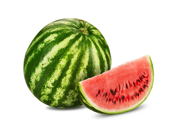 istock Green, striped watermelon with slice isolated on white, copy space for text, images. Cross-section. Berry with pink flesh, black seeds. Close-up 1190182292