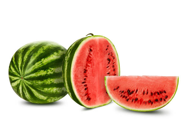 istock Green, striped watermelon isolated on white with copy space for text, images. Cross-section. Berry with pink flesh, black seeds. Side view. Close-up 1190182336