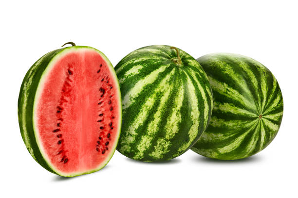istock Two green, striped watermelons isolated on white with copy space for text, images. Cross-section. Berry with pink flesh, black seeds. Close-up 1190182417