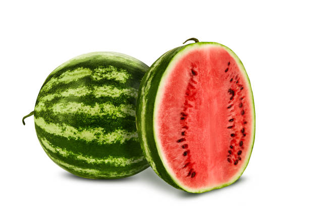 istock Green, striped watermelon with half isolated on white with copy space for text, images. Cross-section. Berry with pink flesh, black seeds. Close-up 1190182626