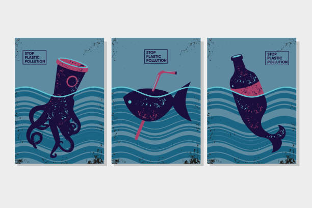 ilustrações de stock, clip art, desenhos animados e ícones de stop plastic pollution. ecology poster set with garbage and ocean life. eco concept vector illustration. - save oceans