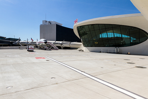 JFK Airport, Queens NY  - September 03 2019: Lockheed Connie used as a cocktail lounge today at the TWA Hotel in JFK Airport, NY September 03,  2019