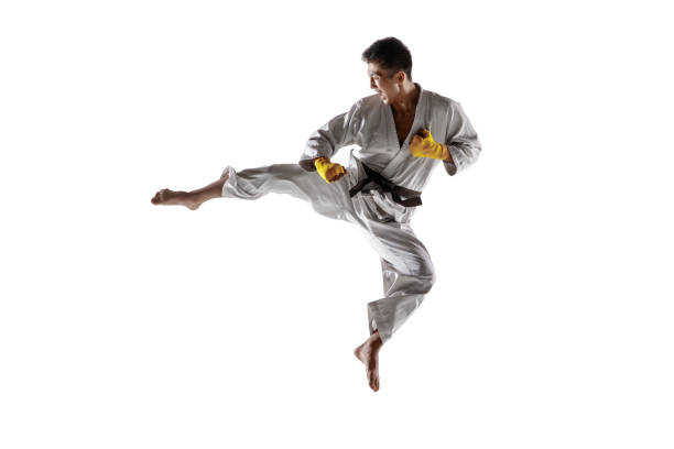 Confident korean man in kimono practicing hand-to-hand combat, martial arts