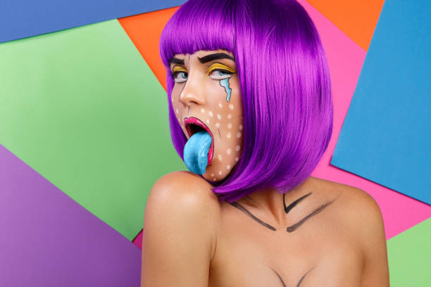 model in creative image with pop art makeup - bangs fashion model women elegance imagens e fotografias de stock