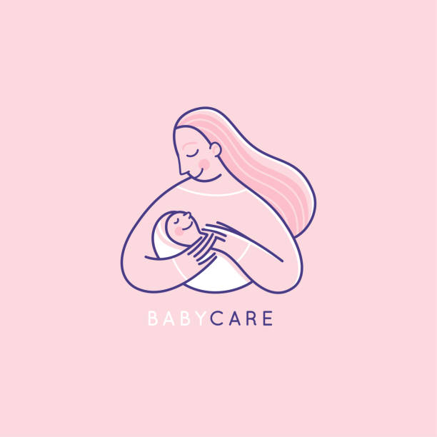 векторный шаблон дизайна логотипа и эмблема в простом стиле линии - счастливая мать и ребенок - значок для магазинов детей и центров по уход� - baby1 stock illustrations