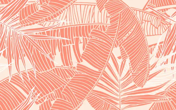 Vector illustration of Tropical leaves. Seamless pattern with banana foliage and palm leaf. Design element, banner for tourism and travel industry, summer sale, print for textile and  texture for fabrics.