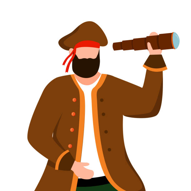 illustrazioni stock, clip art, cartoni animati e icone di tendenza di illustrazione vettoriale piatta pirata. noleggio abbigliamento. festa marina. idee per costumi marittimi. buccaneer personaggio dei cartoni animati isolato su sfondo bianco - buccaneer