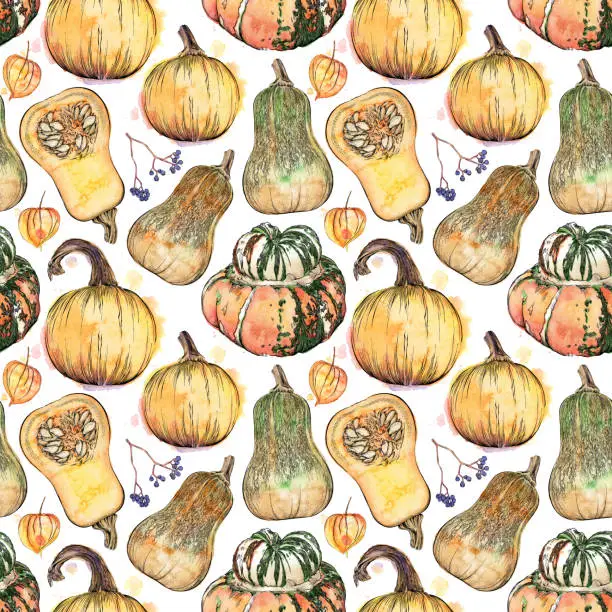 Vector illustration of Fall Items Seamless Pattern. Vector Ink and Watercolor Drawing of Fall Pumpkins and Squash