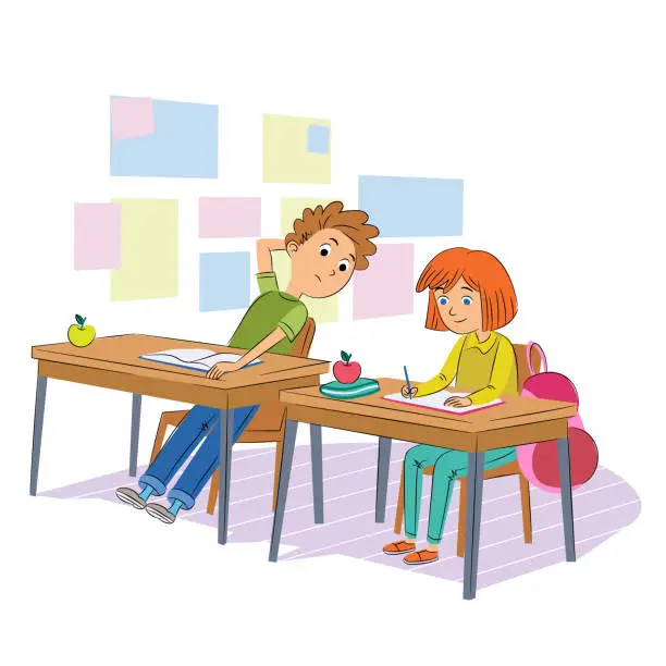 Vector illustration of School test cheating flat vector illustration. Schoolmates, classmates in uniform cartoon characters. Kids writing quiz, cheater boy peaking exam answers. Children breaking rules, bad behavior.