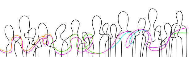 connect the people concept, crowd of vivid colored people connected with one color line, communication creative contemporary idea, vector vector art illustration