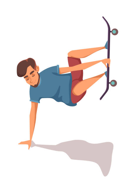 мультфильм мужской персонаж делает трюк на скейтборде - recreational pursuit schoolboy cartoon skate stock illustrations