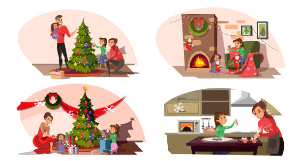 illustrazioni stock, clip art, cartoni animati e icone di tendenza di preparazione della famiglia per il set di cartoni animati della vigilia di natale - people living room mother son