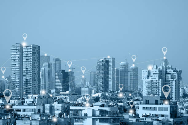 istock Map gps pin flat above green tone city scape and network connect 1190209776