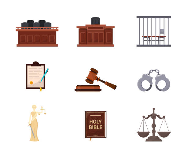 ilustraciones, imágenes clip art, dibujos animados e iconos de stock de juicio judicial, conjunto de ilustraciones vectoriales de tribunales - lawsuit