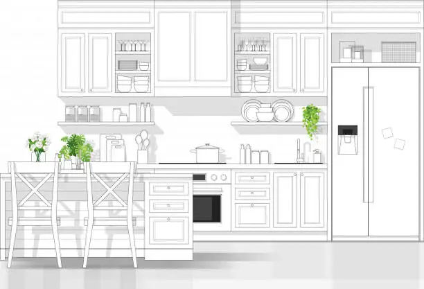 Vector illustration of Interior design with modern kitchen in black line sketch on white background , vector , illustration
