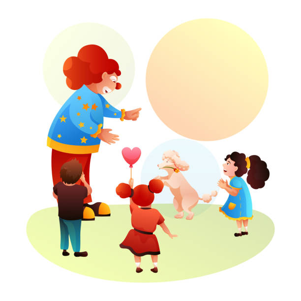 ilustrações de stock, clip art, desenhos animados e ícones de clown and trained doggy performing for happy kids - dog set humor happiness