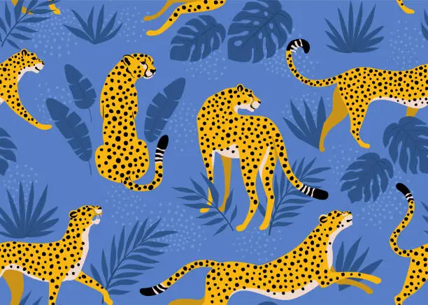 Vector illustration of Leopard pattern with tropical leaves. Vector seamless texture.