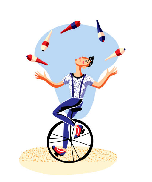 ilustrações de stock, clip art, desenhos animados e ícones de circus juggler with clubs riding unicycle on white - unicycling unicycle cartoon balance