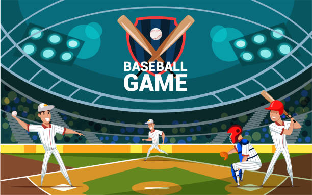 ilustraciones, imágenes clip art, dibujos animados e iconos de stock de plantilla vectorial de banner plano de juego de béisbol - baseball baseball player baseballs catching