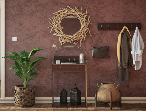 Colorful entrance hall with rustic sideboard, plant, mirror, and decoration. Render image.