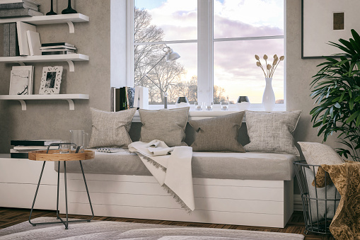 Picture of a cozy bench in the living room. Render image.