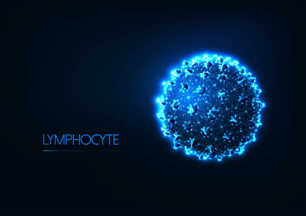 Futuristic immunology concept with glow low poly human lymphocyte white blood cell or cancer cell Futuristic immunology concept with glowing low polygonal human lymphocyte white blood cell or cancer cell on dark blue background. Oncology, hematology research. Modern wire frame mesh illustration. oncology stock illustrations
