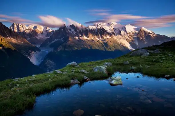 Photo of Colorful summer view of the Mont Blanc (Monte Bianco) on background, Chamonix location. Beautiful outdoor scene in Vallon de Berard Nature Reserve, Aiguilles Rouges, Graian Alps, France, Europe.