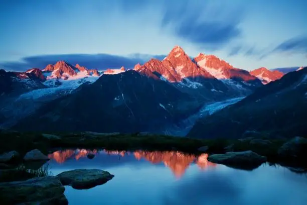 Photo of Colorful summer view of the Mont Blanc (Monte Bianco) on background, Chamonix location. Beautiful outdoor scene in Vallon de Berard Nature Reserve, Aiguilles Rouges, Graian Alps, France, Europe.